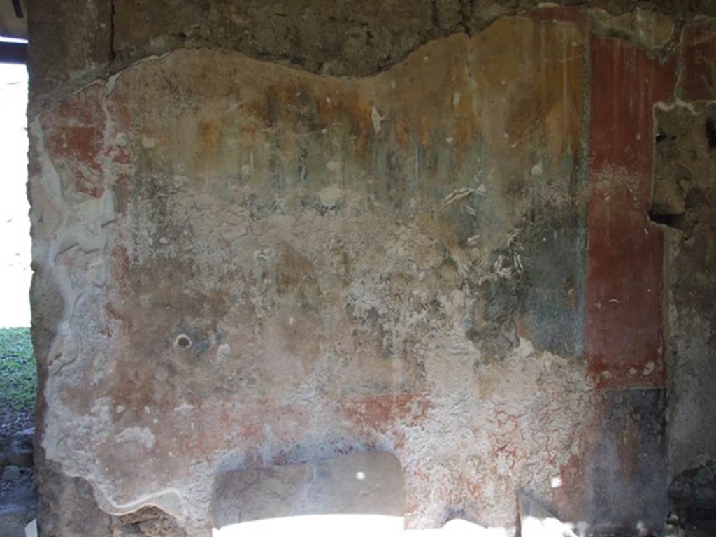 I.12.8 Pompeii. March 2009. Room 9, east side of north wall with remains of garden painting. According to Curtis, when excavated the panel on the right had a brilliantly coloured painted peacock, in its lower left corner. Unfortunately, this has now deteriorated and disappeared. According to Jashemski, she could also make out four songbirds among the ivy, oleanders and myrtles in the painting on the right. These were painted on a yellow-orange background. Two partly preserved strutting peacocks faced each other in the lower left and right of this panel. There was also a large bird perched at the bottom near the centre of the painting. Garlands of myrtle framed the top and sides of each panel.
There was a wide red border at the top, bottom and sides. See Jashemski, W. F., 1993. The Gardens of Pompeii, Volume II: Appendices. New York: Caratzas, (p.326 and fig.378)