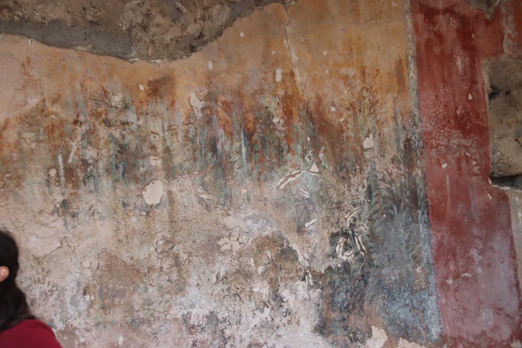 I.12.8 Pompeii. October 2022.
Peristyle 9, east side of north wall with detail of remaining garden painting. Photo courtesy of Klaus Heese.