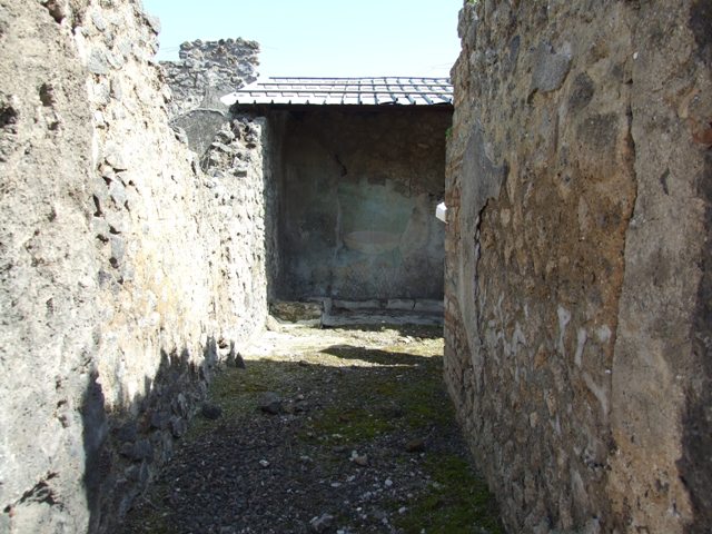 I.12.16 Pompeii. March 2009. Room 1. Atrium. South wall. Top of niche decorated with red and yellow flowers.