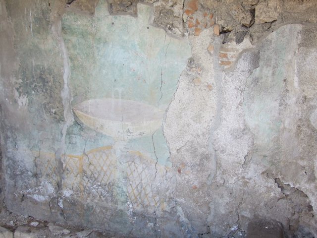 I.12.16 Pompeii. March 2009. Room 4, east wall. Detail of fountain or labrum on garden painting.