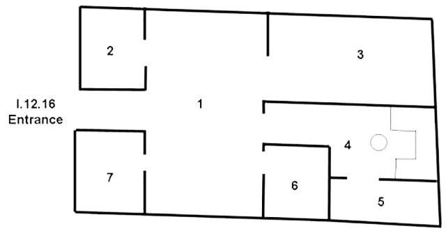 I.12.16 Pompeii. House with painted labrum. 
Room Plan.