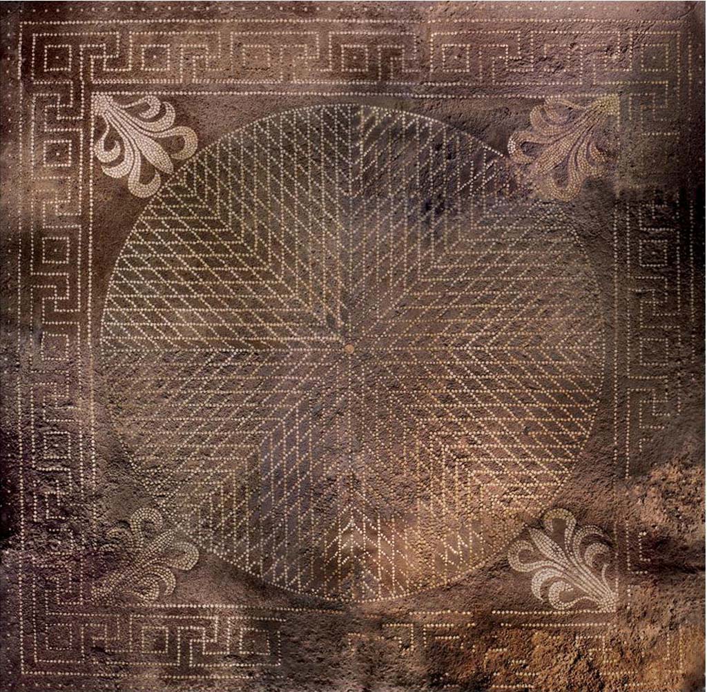 I.14.2 Pompeii. Room H, mosaic floor. Fig. 170 � Pavement mosa�qu� de l��cus (� CNRS-CCJ, Christine Durand). 
As shown by the overlap of the wall plaster on the floor, the mural paintings of the oecus were put in place after the installation of the pavement. 
This one, in opus signinum inlaid with white tesserae, is in a very good state of conservation. 
The outer band is decorated with a regular seeding of white tesserae. 
The central carpet (2,795m x 2,79 m) has a meander band of swastikas and squares. 
The meander borders a square panel decorated with a "diamond shield" developing around a white ring; in each corner is a palmette.
This type of pavement is common in Pompeii, where several examples have been found. It is generally dated from the 2nd century BC.
Voir Chapitre 2 : L�atelier de fabrication de nattes de la via di Nocera (I 14, 2) in Magali Cullin-Mingaud, 2010. La vannerie dans l'Antiquit� romaine: Collection du Centre Jean B�rard 35. Paris. Centre Jean Berard, p. 129-171, fig. 170.
https://books.openedition.org/pcjb/706  
