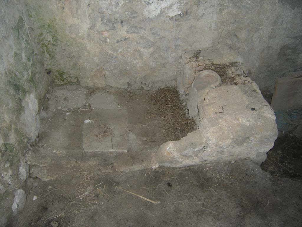 I.14.2 Pompeii. July 2008. Room J, latrine in north-east corner. Photo courtesy of Guilhem Chapelin. 
According to Hobson,
�This latrine takes a little understanding. Here an amphora has been built into the space between the pedestals.
The tiled floor slopes towards a small opening at the base of the amphora. 
Was this done to reduce the contamination of the tiles and so that less water would be required to cleanse them ?�
See Hobson, B., 2009. Latrinae et foricae: Toilets in the Roman World. London; Duckworth. (p.53, fig.70).

