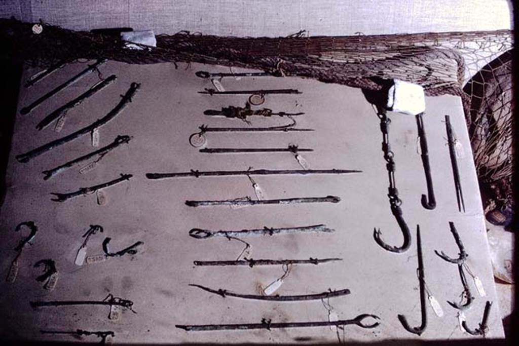 Pompeii. 1972. Variety of hooks. Photo by Stanley A. Jashemski. 
Source: The Wilhelmina and Stanley A. Jashemski archive in the University of Maryland Library, Special Collections (See collection page) and made available under the Creative Commons Attribution-Non Commercial License v.4. See Licence and use details.
J72f0517
According to Wilhelmina, 
�The large fishhooks (preserved length 6cm) that she discovered in a root cavity in I.14.2 indicated that it had been used for catching ocean fish of 18lbs or more in size.
A terracotta watering pan for birds or small animals attested to the presence of pets in the garden�.
See Jashemski, W. F., 1993. The Gardens of Pompeii, Volume II: Appendices. New York: Caratzas, (p.60)

 
