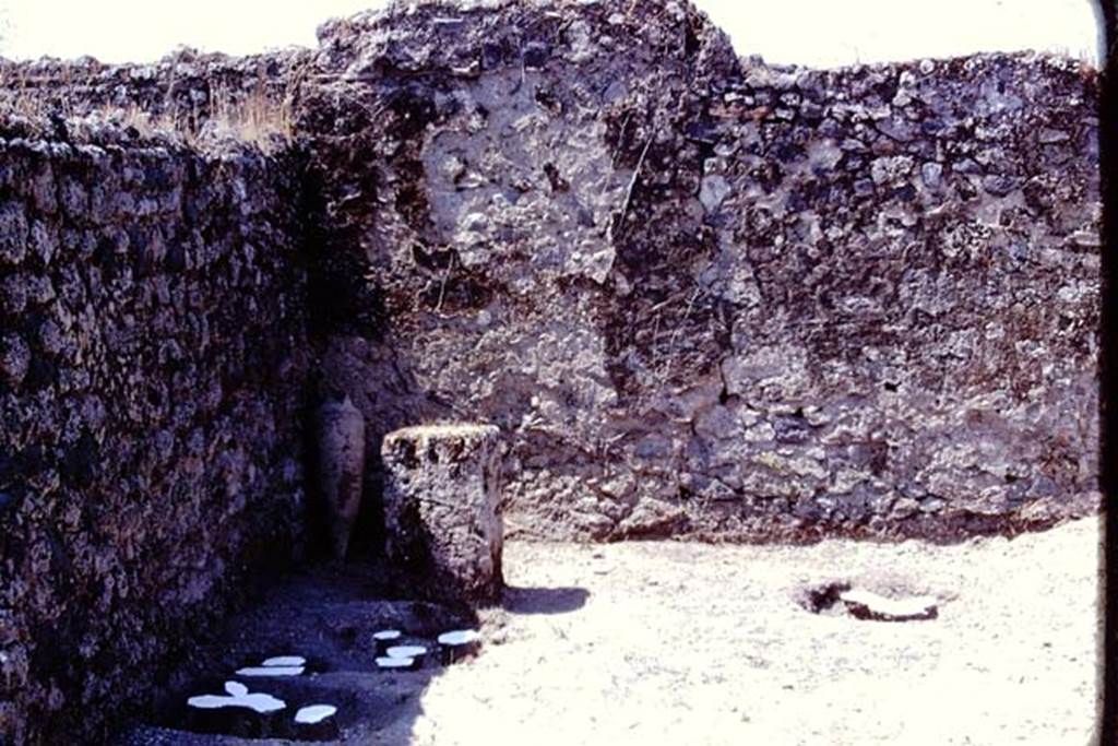 I.14.2 or I.20.5 Pompeii. 1974. Painted discs identifying root cavities near south-west corner, and masonry altar made from a large limestone block. In the corner, at the rear of the altar, the amphora is leaning against the wall. Photo by Stanley A. Jashemski.   
Source: The Wilhelmina and Stanley A. Jashemski archive in the University of Maryland Library, Special Collections (See collection page) and made available under the Creative Commons Attribution-Non Commercial License v.4. See Licence and use details. J74f0715
According to Wilhelmina, �The large limestone block erected at the rear of the garden probably served as a rustic altar. There was great excitement when we found a few coins nearby, then a buried amphora with its mouth carefully closed with a stone.�
See Jashemski, W.F., 2014. Discovering the Gardens of Pompeii: Memoirs of a Garden Archaeologist, (p.193)
