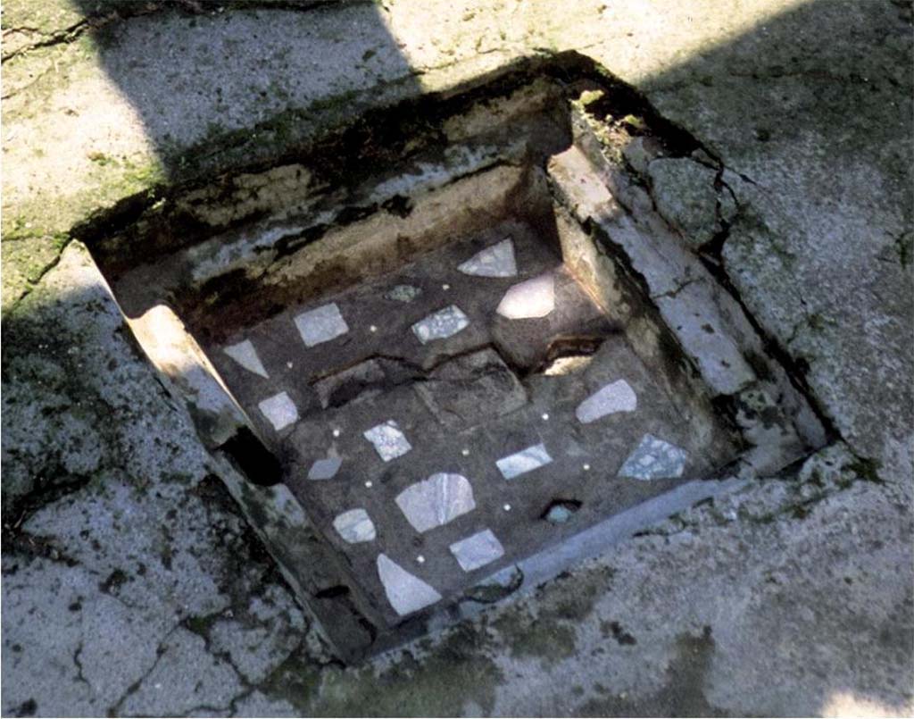 I.14.2 Pompeii. Impluvium with marble insert decoration.
Fig. 151 � D�cor de l�impluuium (photographie de Magali Cullin-Mingaud).
Voir Chapitre 2 : L�atelier de fabrication de nattes de la via di Nocera (I 14, 2) in Magali Cullin-Mingaud, 2010. La vannerie dans l'Antiquit� romaine: Collection du Centre Jean B�rard 35. Paris. Centre Jean Berard, p. 129-171, fig. 151.
https://books.openedition.org/pcjb/706
