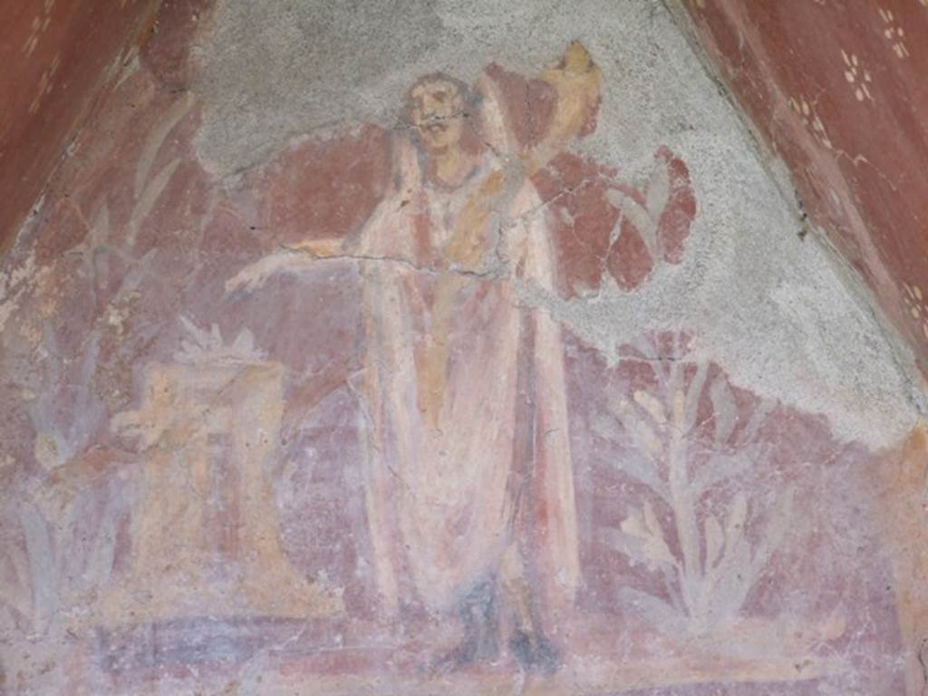 I.14.7 Pompeii. March 2009. Painting of Genius and altar amidst a painted garden.
See Fr�hlich, T., 1991. Lararien und Fassadenbilder in den Vesuvst�dten. Mainz: von Zabern, L33, p. 262-3, Taf.  6.

