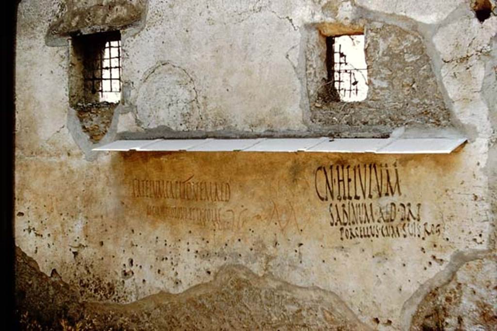 1.14.7/8 Pompeii. 1959. Graffiti on exterior front fa�ade between I.14.7 and I.14.8.
Photo by Stanley A. Jashemski.
Source: The Wilhelmina and Stanley A. Jashemski archive in the University of Maryland Library, Special Collections (See collection page) and made available under the Creative Commons Attribution-Non Commercial License v.4. See Licence and use details.
J59f0510
