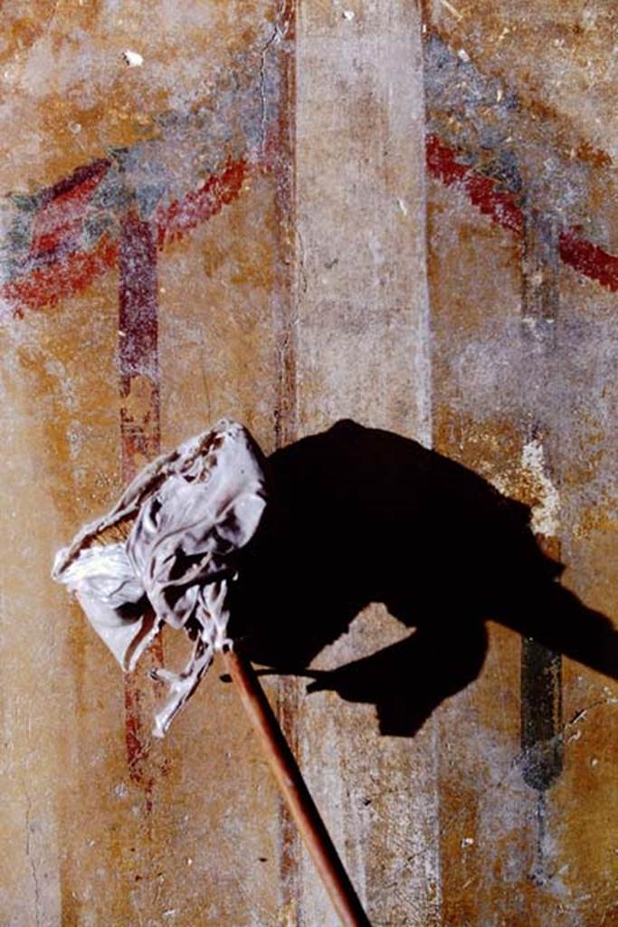 I.15.1 Pompeii, 1968. Tablinum, cleaning the wall!
Detail between the second and third panels from north end of east wall.
Pompeii, 1968. Photo by Stanley A. Jashemski.
Source: The Wilhelmina and Stanley A. Jashemski archive in the University of Maryland Library, Special Collections (See collection page) and made available under the Creative Commons Attribution-Non Commercial License v.4. See Licence and use details.
J68f1264