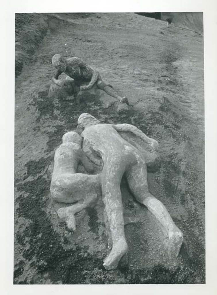 I.21.6 Pompeii. 1961. Press photo.
Photo courtesy of Rick Bauer.
See also I.21.6, part 3.
The rear of the photo has the title “Victims of the eruption, 69AD”.
(Note, wrong date).