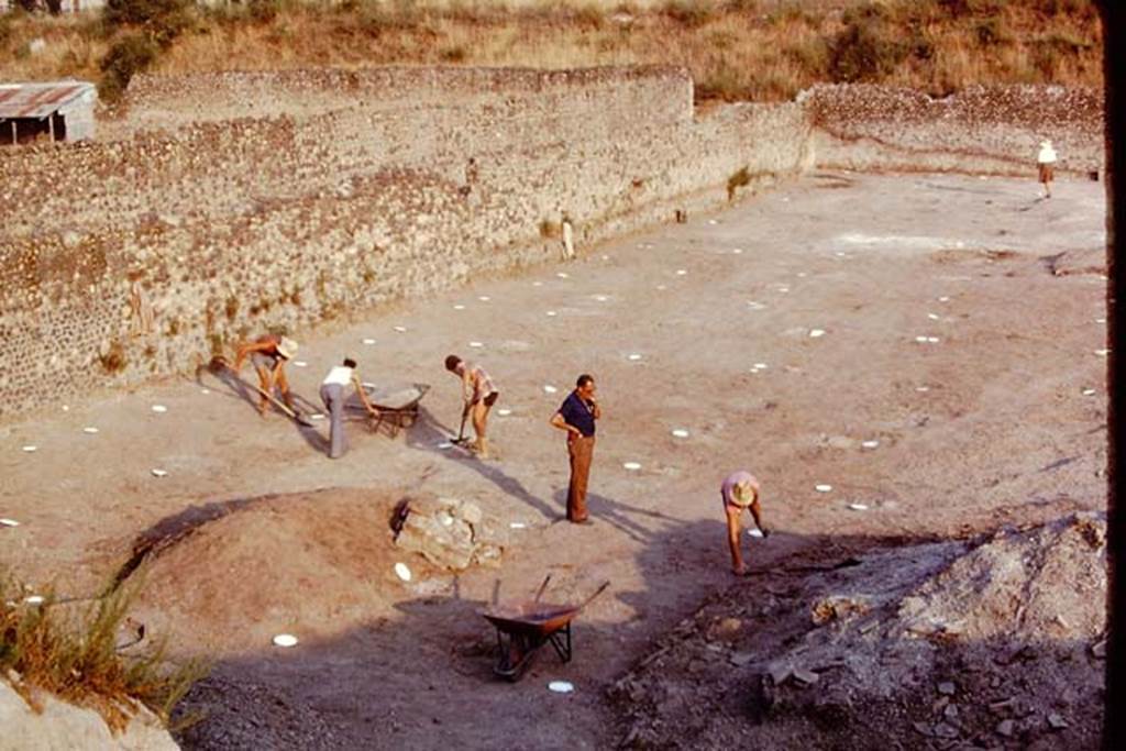 I.22 Pompeii. 1974. Looking south across site, with painted spheres marking the root cavities, which would be visible from the “balloon”. Photo by Stanley A. Jashemski.
Source: The Wilhelmina and Stanley A. Jashemski archive in the University of Maryland Library, Special Collections (See collection page) and made available under the Creative Commons Attribution-Non Commercial License v.4. See Licence and use details. J74f0412