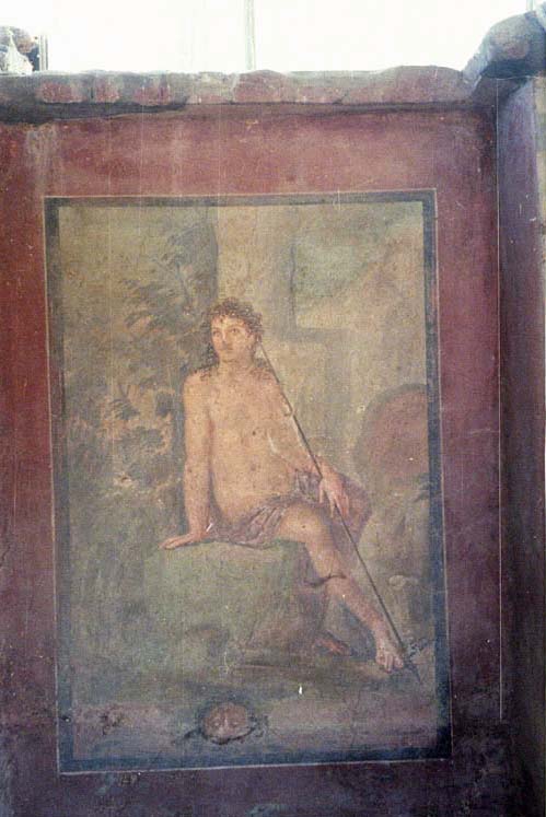 II.2.2 Pompeii. July 2011. Room 14, detail from east wall of triclinium. Hercules’ battle with Laomedon, King of Troy. The lower section shows stories from the Trojan War featuring Achilles. Photo courtesy of Rick Bauer.