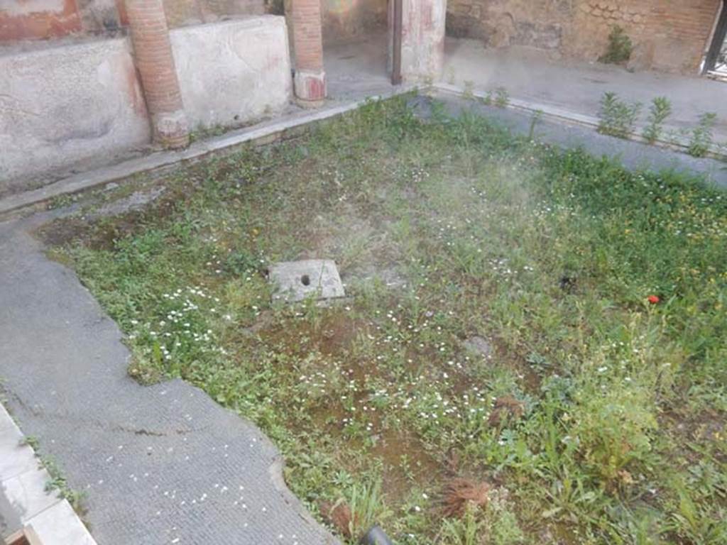 II.4.6 Pompeii. May 2017. Looking across flooring towards north-west corner.
Photo courtesy of Buzz Ferebee.
According to PPM, there was a low basin in the centre of the courtyard, functioning as an impluvium. In the bottom, there was a large black and white mosaic with a marine scene with dolphins and tritones.
This was found between 30th November and 7th December 1755. It was removed and taken away during the Bourbon period.
See Carratelli, G. P., 1990-2003. Pompei: Pitture e Mosaici: Vol. III. Roma: Istituto della enciclopedia italiana, p. 208.
