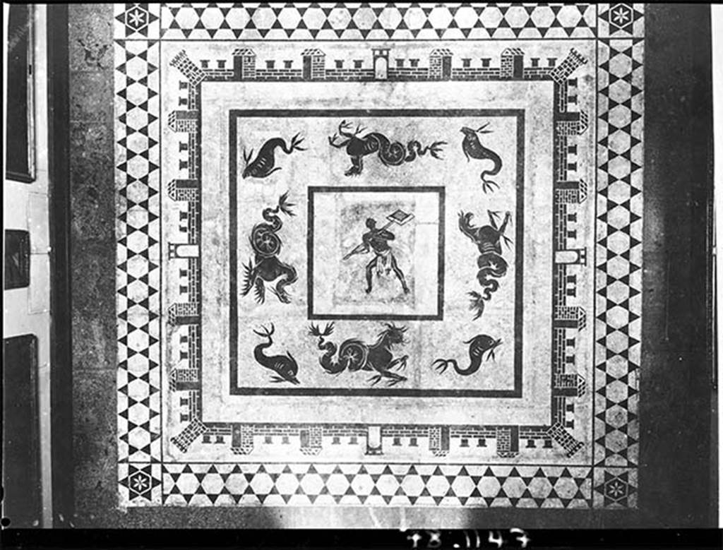 II.4.6 Pompeii. Black and white mosaic showing a furnaceman and a marine scene set in floor of Naples Museum.
DAIR 78.1147. Photo © Deutsches Archäologisches Institut, Abteilung Rom, Arkiv.
According to Marietta de Vos, this was provenanced from the baths of the Praedia di Julia Felix and is now in the floor of Naples Archaeological Museum, piano nobile, giro interno, Sala III, pavimento.
See Dell’Orto, L. F. (ed), 1993. Ercolano 1738-1988: 250 anni di ricerca archeologica: Atti del Convegno internazionale. SAP Monografie 6.
p. 115, pl. XXII.