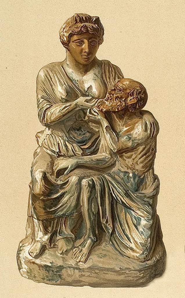 II.4.6 Pompeii. 1880. Found in several fragments in the garden.
Illustration by Rohden of the Carita Romana or Roman Charity.
Now in Naples Archaeological Museum. Inventory number 22580.
See Rohden, H, 1880. Die Terracotten von Pompeji. Stuttgart: Spemann, (Fig 47).