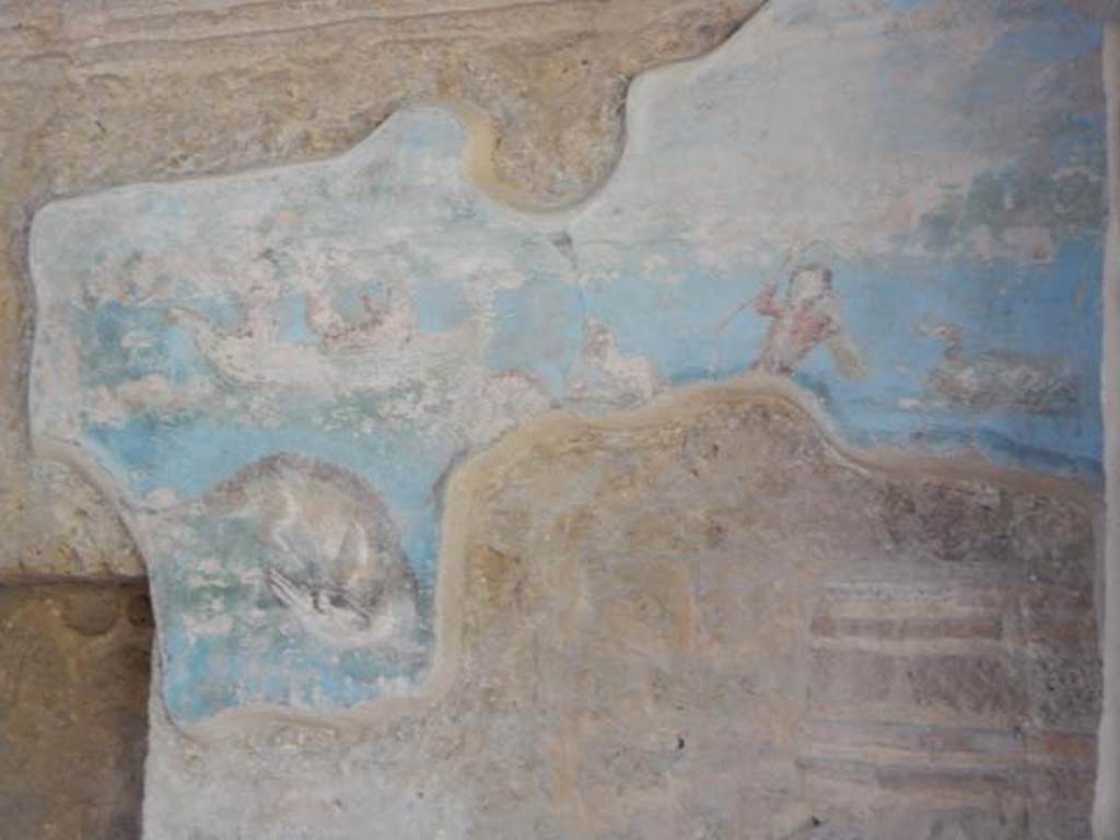 II.4.6 Pompeii. May 2016. North wall, with remains of painted decoration.
According to the information notice-board
“on the northern wall is a scene with a pygmy aiming a bow and arrow at two other pygmies rowing a boat; a crocodile is swimming to their left.”
Photo courtesy of Buzz Ferebee.