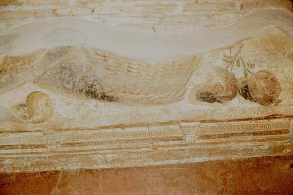 II.4.10 Pompeii. 1957. Atrium, north side, detail of remains of painted plaster with basket and fruits. Photo by Stanley A. Jashemski.
Source: The Wilhelmina and Stanley A. Jashemski archive in the University of Maryland Library, Special Collections (See collection page) and made available under the Creative Commons Attribution-Non Commercial License v.4. See Licence and use details.
J57f0109