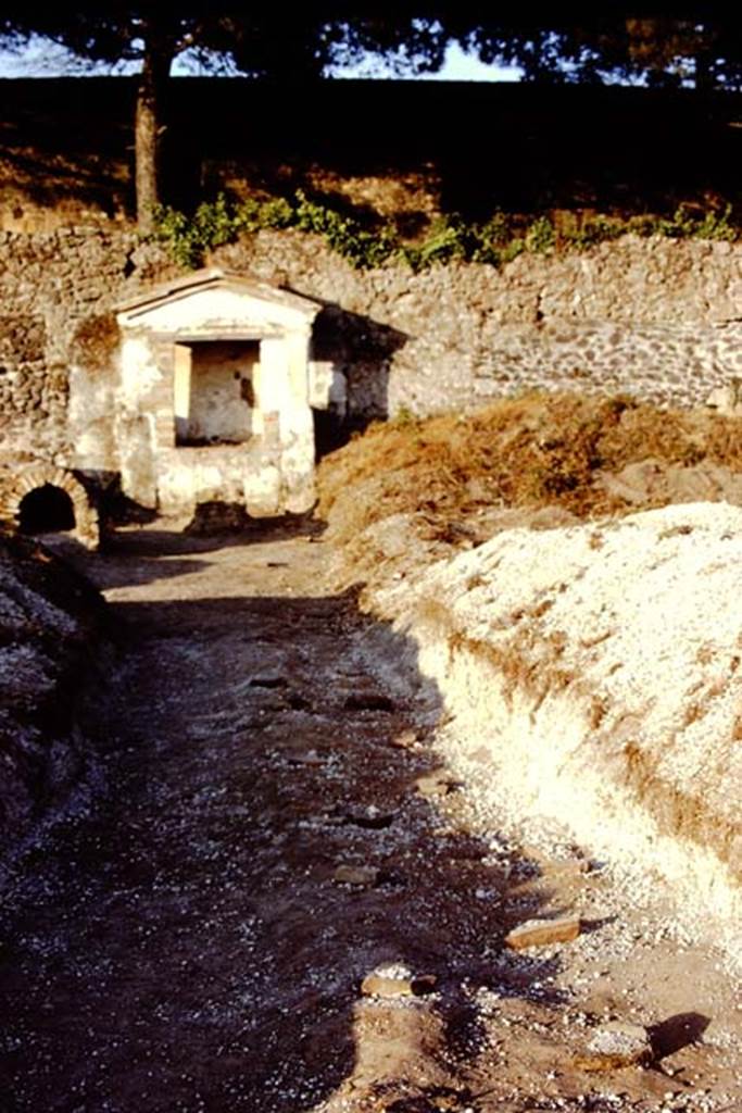 II.8.6 Pompeii. 1972. Looking east along trench to Lararium, and �dog-kennel�. 
Photo by Stanley A. Jashemski. 
Source: The Wilhelmina and Stanley A. Jashemski archive in the University of Maryland Library, Special Collections (See collection page) and made available under the Creative Commons Attribution-Non Commercial License v.4. See Licence and use details. J72f0175
