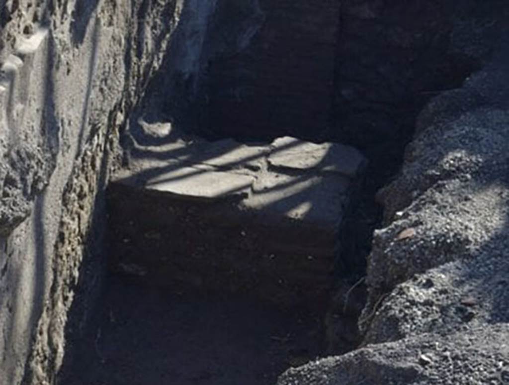 III.3.5 Pompeii. December 2017. Large podium at southern end.
According to Della Corte, in the original excavation, on a large podium in the kitchen abandoned with various household goods in the middle, they found a large shears or scissors and a characteristic iron comb that led him to believe these were the instruments of the mat or garment workers (tegettari).
Found opposite between I.13.4 and 5, was an electoral recommendation
Tegettari (sic) (rogant)    [CIL IV 7473].
This he thought, without doubt, proved that this was not only a shop, but a series of workshops (Tabernae tegetariorum).
See Della Corte, M., 1965.  Case ed Abitanti di Pompei. Napoli: Fausto Fiorentino. (p.350-51)

According to Epigraphik-Datenbank Clauss/Slaby (See www.manfredclauss.de), this read as

Lollium 
aed(ilem)  o(ramus)  v(os)  f(aciatis)  Tegettari(!)      [CIL IV 7473]

�All the mat makers (tegettari) together beg of you to make Lollius aedile.� (CIL IV: 7473) 
