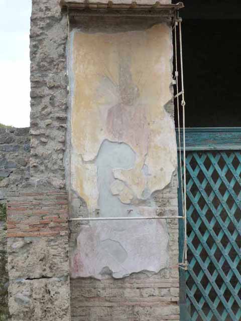III.3.6 Pompeii.  Schola Armaturarum Iuventutis Pompeianae.  December 2007.  Brick pillars and painted plaster on west end of North wall.