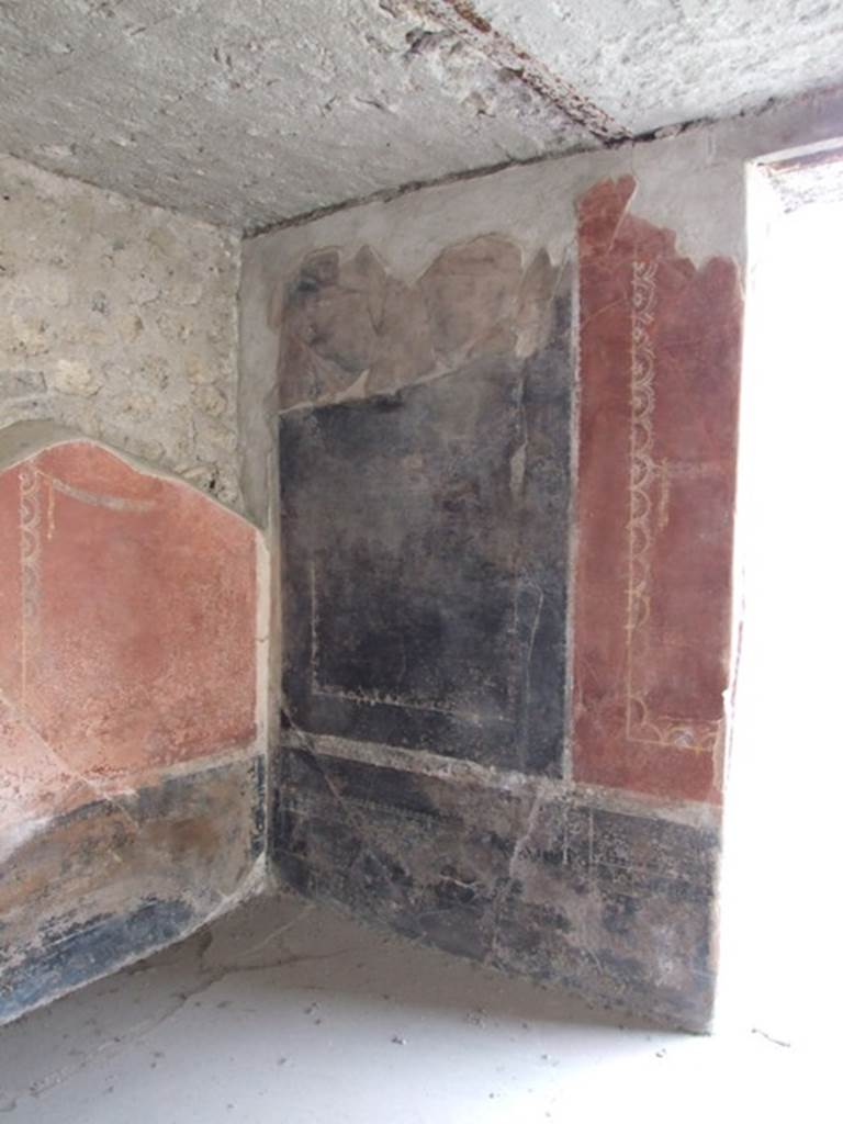 III.4.3 Pompeii. March 2009. Room 3. Triclinium. Remains of painted panels on north wall, on west side of window.