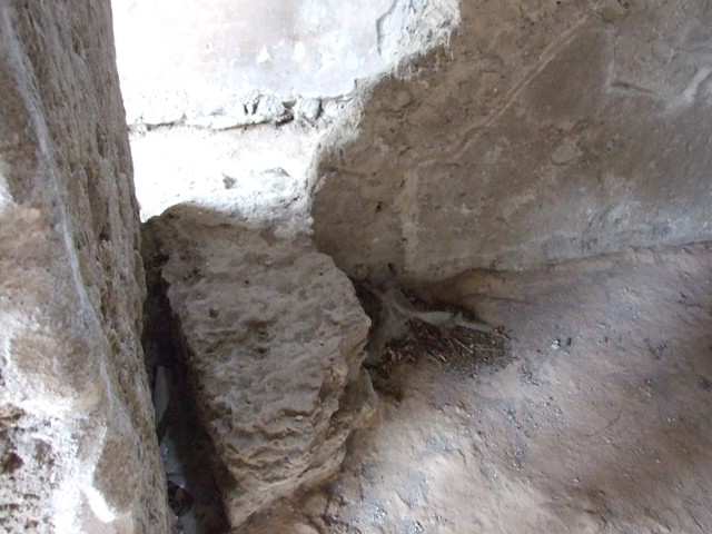 III.4.b. Pompeii. March 2009. Room 3. Oecus. West wall. Detail of wall painting of figure.