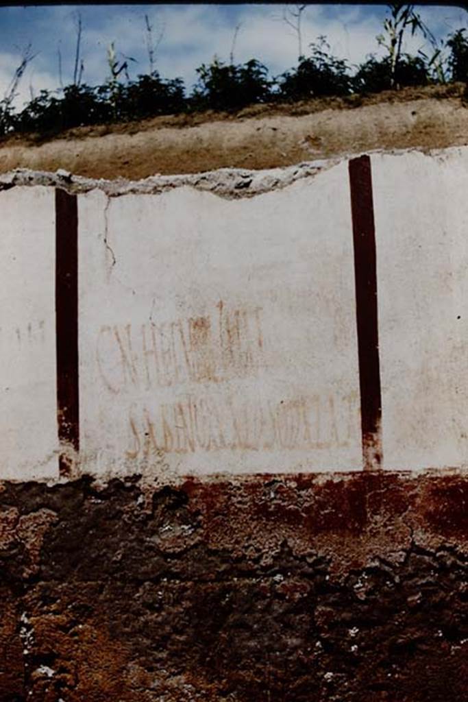 Vicolo di Ifigenia, east side, Pompeii. 1961. Inscription found to the north of doorway at III.4.e. 
The inscription reads -  
CN.HELVIVM 
SABINVM AED SODALA ROG.      [Giordano and Casale No. 27]
See Giordano, C. & Casale, A: Iscrizioni Pompeiane Inedite scoperte tra gli anni 1954-1978: Atti Acc Pont NsS 39, 1990 (1991) pp. 273ff.

According to Cooley this translates as 
Sodala asks for Cn. Helvius Sabinus as aedile.
See Cooley, A. and M.G.L., 2004. Pompeii : A Sourcebook. London : Routledge, p. 122, F55.

Photo by Stanley A. Jashemski.
Source: The Wilhelmina and Stanley A. Jashemski archive in the University of Maryland Library, Special Collections (See collection page) and made available under the Creative Commons Attribution-Non Commercial License v.4. See Licence and use details.
J61f0558
