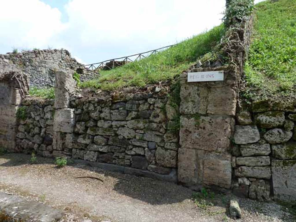 III.8.1 Pompeii. May 2010. Blocked entrance on Via di Nola, next to a blocked unexcavated roadway, leading south.