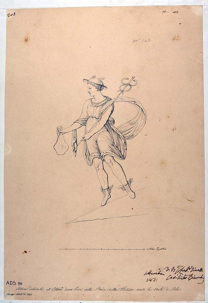 III.8.1 Pompeii. 1841 drawing by G. Abbate of painting of Mercury on façade at entrance of shop.
This was a painting of a floating Mercury clad in a short tunic, mantle partly inflated, winged sandals and petasos (hat).
He had the marsupium in his right hand and the caduceus rests on his left shoulder.
A triangular structure under the feet of the God was understood to be an indication of the land.
See Fröhlich, T., 1991. Lararien und Fassadenbilder in den Vesuvstädten. Mainz: von Zabern. (p. 313, F20).
According to ICCD database, the painting corresponding to the drawing, documented only in this drawing had already vanished in 1860.
It decorated the façade of an insula of Regio III of Pompeii, located in the stretch of the Via di Nola closest to the Nola Gate.
Now in Naples Archaeological Museum. Inventory number ADS 90.
Photo © ICCD. https://www.catalogo.beniculturali.it
Utilizzabili alle condizioni della licenza Attribuzione - Non commerciale - Condividi allo stesso modo 2.5 Italia (CC BY-NC-SA 2.5 IT)