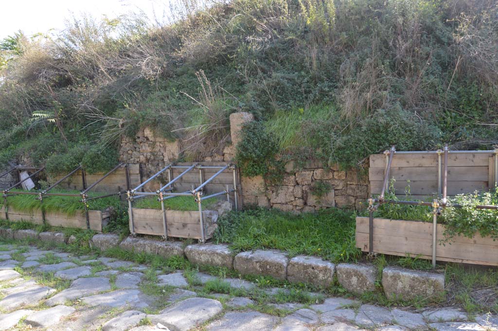 Via di Nola, south side, Pompeii. October 2017.
Looking towards entrance doorways at III.9.3, III.9.2 and III.9. 1, with unexcavated roadway, on right.
Foto Taylor Lauritsen, ERC Grant 681269 DÉCOR.
