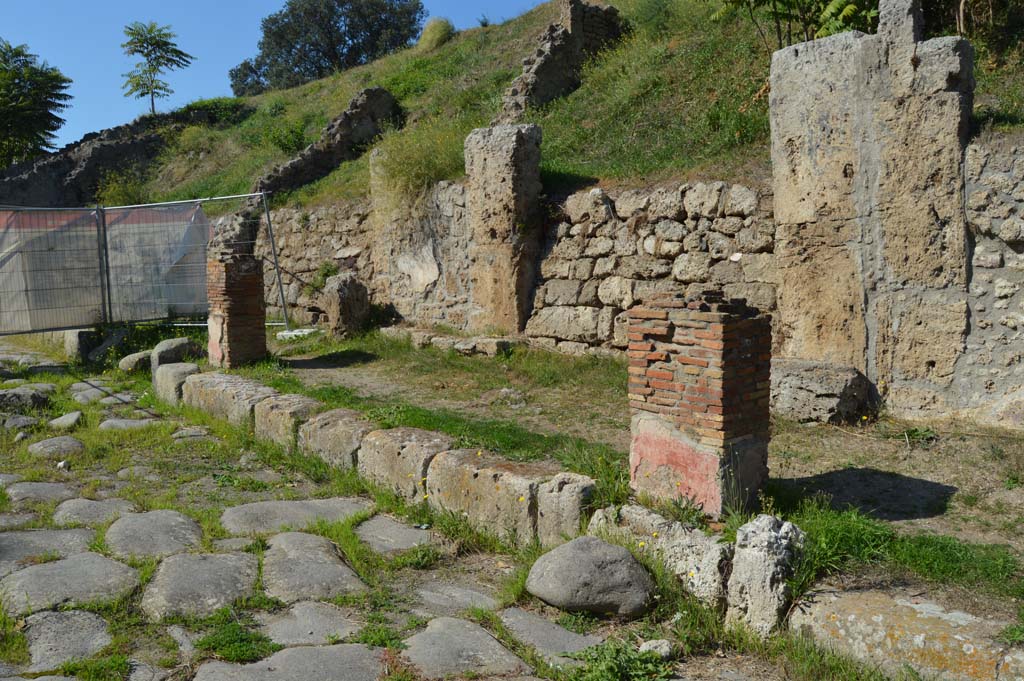 IV.2.a, Pompeii. October 2017. Looking north-west along Via di Nola and portico with pilasters, from east end.
The visible upper side walls, centre left, would be on either side of the unexcavated roadway between IV.1 and IV.2.
Foto Taylor Lauritsen, ERC Grant 681269 D�COR.
