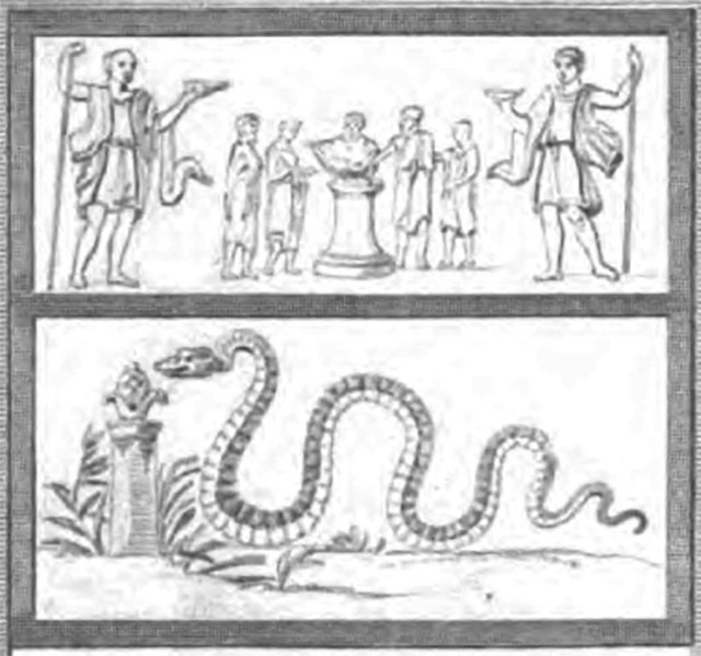 IV.4.g Pompeii. Drawing of the painting found above a street shrine between IV.4.f and IV.4.g.
In the middle was a round altar with five small figures in long white tunics. 
In the centre behind the altar is a tibicen. 
On either side are pairs of Vicomagistri with right arms outstretched to the altar.  
Two large Lares flank the scene. 
In the lower zone was a serpent approaching from the left to an altar with eggs and fruit on it.
See Fr�hlich, T., 1991. Lararien und Fassadenbilder in den Vesuvst�dten. Mainz: von Zabern. (p.315, F24)
See Gell, W. and Gandy, J., 1852. Pompeiana: Third Edition. London: Bohn. (p. 97, Pl. 18).
