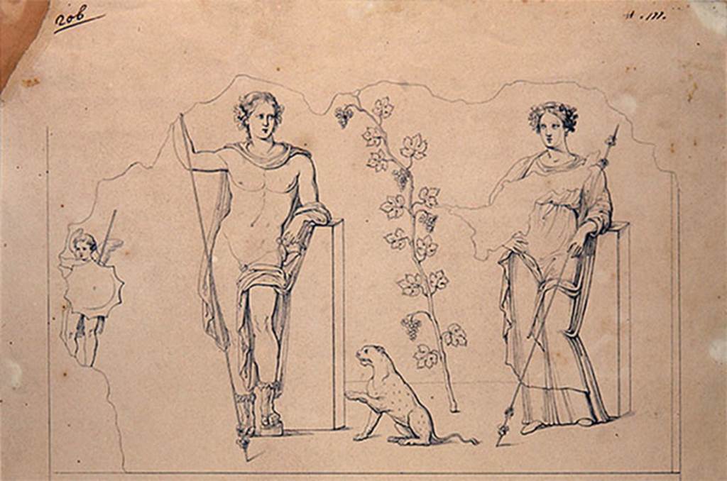 IV.5.b Pompeii. 1841. Entrance middle pillar. Drawing by G. Abbate of Bacchus and a goddess possibly Venus Pompeiana.
The middle pillar had a painting of a grape-crowned Bacchus wearing sandals and a cloak.
He stood with his elbow on a pillar and left foot on a podium. 
His right hand was raised, touching a standing Thyrsus. 
His left hand held a cantharus from which he fed a panther that sat to the left. 
To the right was a small Eros and another god possibly Venus Pompeiana.
Now in Naples Archaeological Museum. Inventory number ADS 103.
See Fr�hlich, T., 1991. Lararien und Fassadenbilder in den Vesuvst�dten. Mainz: von Zabern. (p.316, F27)
Photo � ICCD. https://www.catalogo.beniculturali.it
Utilizzabili alle condizioni della licenza Attribuzione - Non commerciale - Condividi allo stesso modo 2.5 Italia (CC BY-NC-SA 2.5 IT)
See also Kuivalainen, I., 2021. The Portrayal of Pompeian Bacchus. Commentationes Humanarum Litterarum 140. Helsinki: Finnish Society of Sciences and Letters, (p.123-125, D1).
