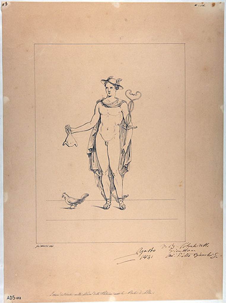 IV.5.b Pompeii. 1841. Entrance east pillar. Drawing by G. Abbate of Mercury.
On the east pillar was a painting of Mercury wearing winged sandals, petasos (hat) and a cloak.
In his right hand he had the marsupium and on the left shoulder the caduceus. To the left was a cockerel.
Now in Naples Archaeological Museum. Inventory number ADS 102.
See Fr�hlich, T., 1991. Lararien und Fassadenbilder in den Vesuvst�dten. Mainz: von Zabern. (p.316, F27)
Photo � ICCD. http://www.catalogo.beniculturali.it
Utilizzabili alle condizioni della licenza Attribuzione - Non commerciale - Condividi allo stesso modo 2.5 Italia (CC BY-NC-SA 2.5 IT)

