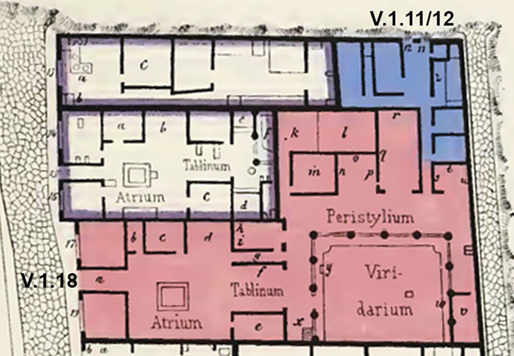 V.1.18.11.12 Pompeii. 1882 plan by Presuhn indicating location of rooms and features as outlined in his text.
See Presuhn E., 1882. Pompeji: Die Neuesten Ausgrabungen von 1874 bis 1881. Leipzig: Weigel. Abtheilung II.