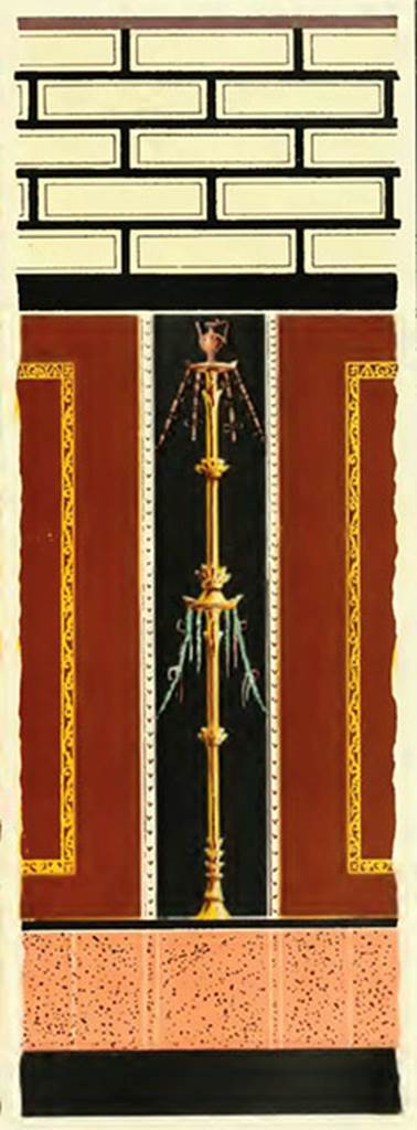 V.1.18 Pompeii. 1882 copy of wall decoration in atrium "b".
See Presuhn E., 1882. Pompeji: Die Neuesten Ausgrabungen von 1874 bis 1881. Leipzig: Weigel. Abtheilung II, Taf IV (right).