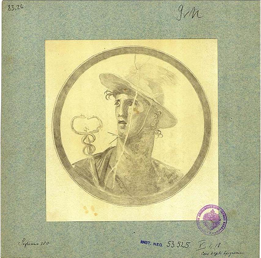 V.1.18 Pompeii. Atrium “b”. Drawing of medallion painting with bust of Hermes/Mercury with petasus and caduceus.
DAIR 83.26. Photo © Deutsches Archäologisches Institut, Abteilung Rom, Arkiv.
See http://arachne.uni-koeln.de/item/marbilder/5022202
Found on the entrance wall, right of the fauces (from in the atrium).
See Bullettino dell’Instituto di Corrispondenza Archeologica (DAIR), 1877, p. 19.
.