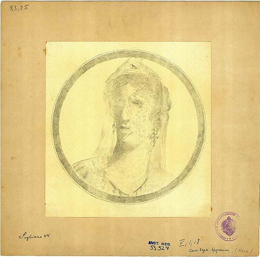 V.1.18 Pompeii. Atrium “b”. Drawing of medallion painting with bust of Hera/Juno wearing tiara and veil.
DAIR 83.25. Photo © Deutsches Archäologisches Institut, Abteilung Rom, Arkiv.
See http://arachne.uni-koeln.de/item/marbilder/5022201
Found on the entrance wall, left of the fauces and left of Minerva (from in the atrium).
See Bullettino dell’Instituto di Corrispondenza Archeologica (DAIR), 1877, p. 20.