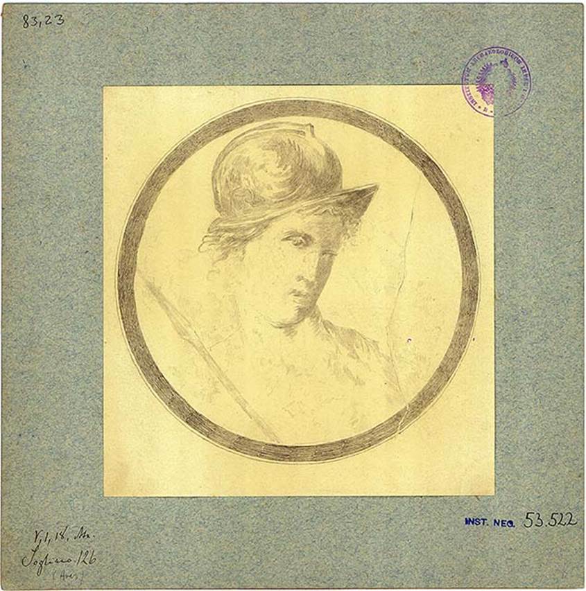 V.1.18 Pompeii. Atrium “b”. Drawing of medallion painting with bust of Ares/Mars with helmet and lance.
DAIR 83.23. Photo © Deutsches Archäologisches Institut, Abteilung Rom, Arkiv.
See http://arachne.uni-koeln.de/item/marbilder/5022199
Found on the right wall, at the right end.
See Bullettino dell’Instituto di Corrispondenza Archeologica (DAIR), 1877, p. 20.