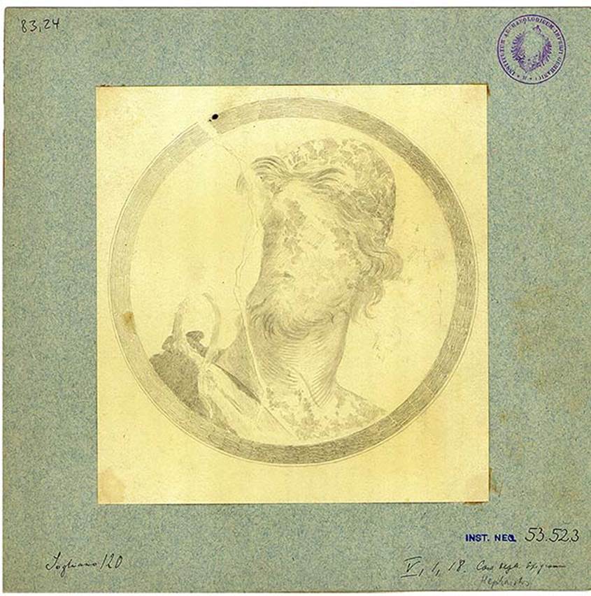 V.1.18 Pompeii. Atrium “b”. Drawing of medallion painting with bust of Hephaestus/Vulcan with beard .
His hair is like it has been blown in the wind. His head is covered by a pilos (felt cap).
DAIR 83.24. Photo © Deutsches Archäologisches Institut, Abteilung Rom, Arkiv.
See http://arachne.uni-koeln.de/item/marbilder/5022200
Found on the right wall, at the centre.
See Bullettino dell’Instituto di Corrispondenza Archeologica (DAIR), 1877, p. 20.
