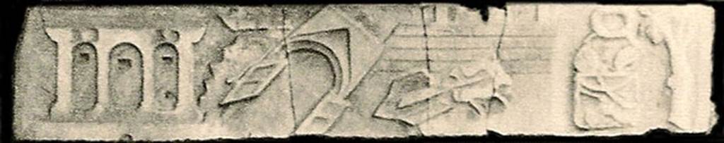 V.1.26 Pompeii. Detail from old undated photograph.
Marble slab from above the household altar in atrium.
Scene of the Castellum Acquae and Vesuvian Gate in the earthquake of AD62.