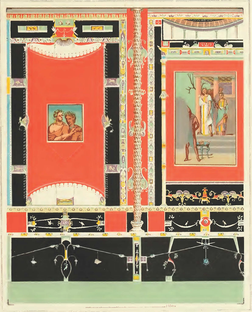 V.1.26 Pompeii. 1877. Room “i”, west end of north wall of tablinum.
Painting of wall with two paintings of a Satyr and Nymph, and Iphigenia in Tauris.
See Presuhn E, 1877. Die pompejanischen Wanddecorationen. Leipzig: Weigel, Taf. V.