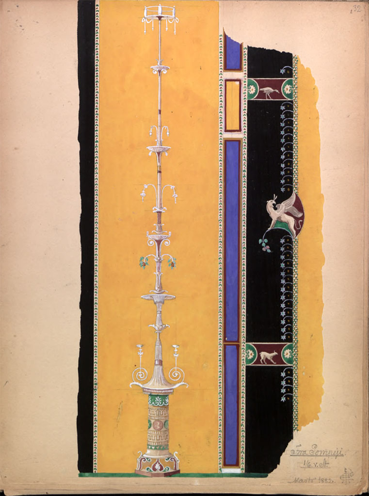 V.1.26 Pompeii. April 1882.
Painting by Hector Estrup, showing detail from pilasters on east wall of tablinum.
Photo © Danmarks Kunstbibliotek, inventory number 52694.
See Skitsebog Hector Estrup (1854-1904) Italiensrejse 1882, pl. 32.
© Danmarks Kunstbibliotek, inventory number 52694.
http://kunstbib.dk/en/collections/sketchbooks/sketchbooks/000036205