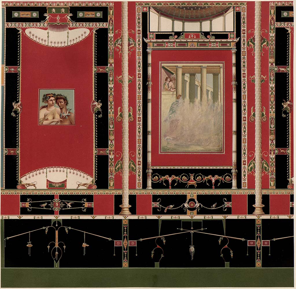 V.1.26 Pompeii. 1882. Room “i”, painting by A. Sikkard of east end of south wall of tablinum.
See Mau, A. 1882. Geschichte der Decorativen Wandmalerei in Pompeji. Berlin: Reimer, Taf. XIII.
