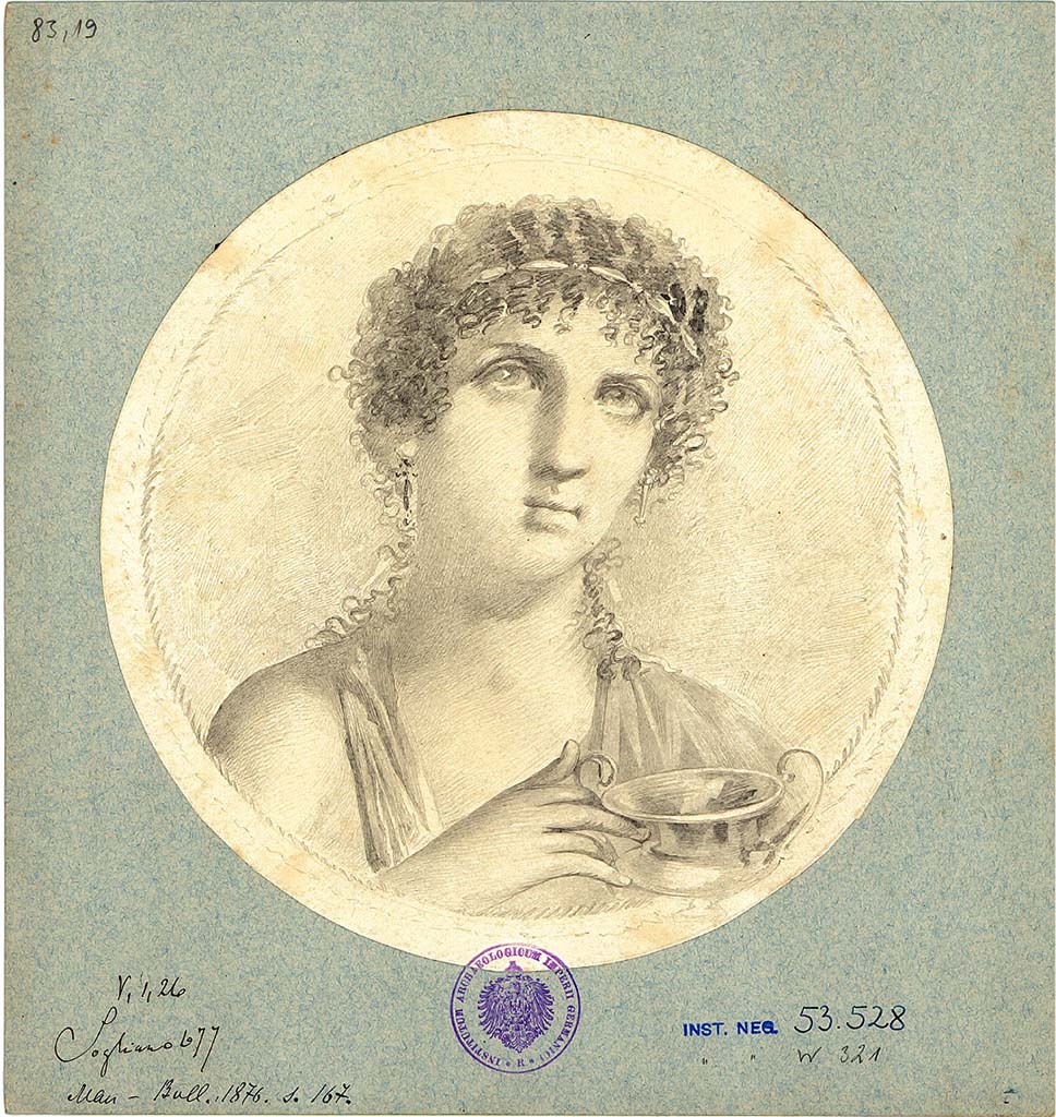V.1.26 Pompeii.
Room “o”, drawing of portrait medallion of a female holding a two handled cup, from east end of south wall of triclinium.
See Sogliano, A., 1879. Le pitture murali campane scoverte negli anni 1867-79. Napoli: Giannini. (p.140, no.677)
DAIR 83.19. Photo © Deutsches Archäologisches Institut, Abteilung Rom, Arkiv.