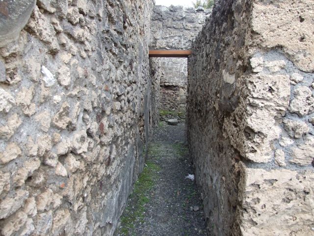 V.2.13 Pompeii,  March 2009.  Hearth in south west corner of thermopolium.  According to Boyce, above the hearth was a badly preserved Lararium painting.  The Genius was represented sacrificing at an altar.  On each side stood a Lar, but only the one on the right was preserved.  Further to the right a serpent approached an altar. 
The description was from Sogliano published in 1879. Reports in periodicals published in 1894 and 1896 mention only an altar as being visible in a painting.  Today, nothing remains.
See Boyce G. K., 1937. Corpus of the Lararia of Pompeii. Rome: MAAR 14.  (No. 92 on p34)  See Sogliano, A., 1879. Le pitture murali campane scoverte negli anni 1867-1879, Naples. 

