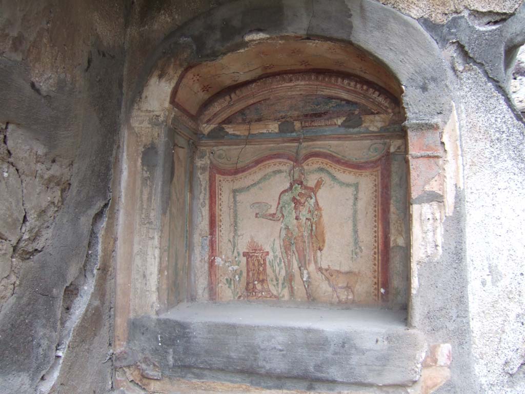 V.2.h Pompeii. December 2005. Lararium niche painting in north wall of area ‘k’.
Hercules is wearing a lion skin, with a club in his left arm and a Skyphos in his right hand.
To his left stands a small pig. To his right is a round altar.
See Fröhlich, T., 1991. Lararien und Fassadenbilder in den Vesuvstädten. Mainz: von Zabern. (p.269, L48, T:32).