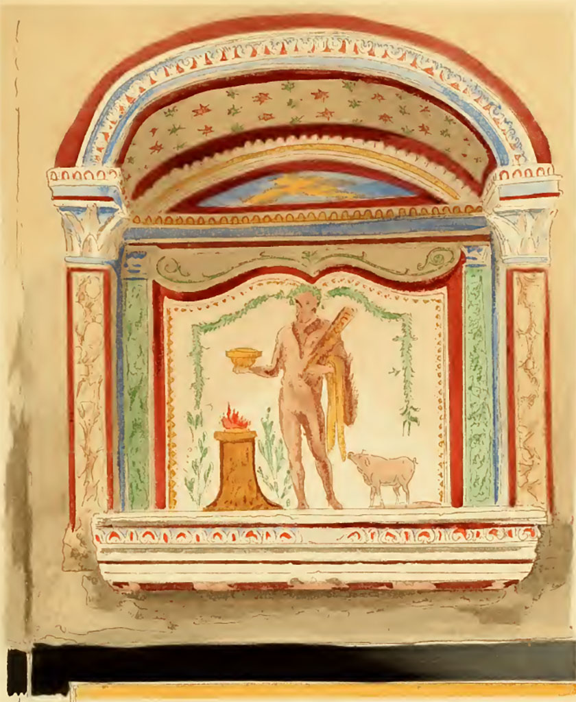 V.2.h Pompeii. Undated painting by Pierre Gusman. Lararium niche painting in north wall of area ‘k’.
(XXVII. 1° Laraire consacré à Hercule, partie annexe de la maison des Noces d'argent (Région V, 2). Quatrième style.)
See Gusman P., 1924. La Décoration Murale de Pompei. Paris : Morancé, pl. XXVII,1.