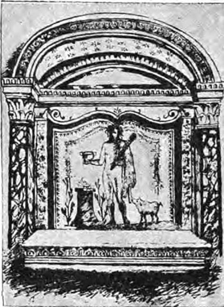 V.2.h Pompeii. 1893 drawing of lararium niche and painting.
According to Mau, the stucco relief above, below and at the sides was completely preserved.
See Mau in Bullettino dell’Imperiale Istituto Archeologico Germanico, Rom, VIII, 1893, p. 26.