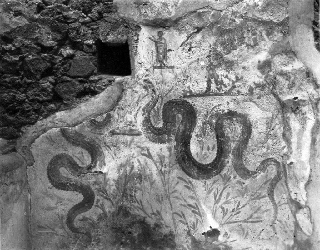 V.2.h Pompeii. c.1930s photograph by Tatiana Warscher. Lararium on south wall of kitchen ‘p’.
The square niche had its walls painted with white stucco outlined in red and decorated with red spots.
Painted on each side of the niche were the figures of the sacrificing scene, but the plaster on the left had fallen.
On the right could be seen the tibicen, the Lar, and beyond him, a boy leading a hog decorated with a red band.
Further to the right, there may have been a further serpent.
In the lower zone, two huge serpents rose more or less vertically on each side of a cylindrical altar, painted in red and yellow imitation marble.
See Boyce G. K., 1937. Corpus of the Lararia of Pompeii. Rome: MAAR 14. (p.37, no.107, Pl.17,2)